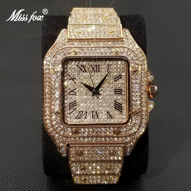 MISSFOX Men's Ice Out Watch Waterproof Silver Gold Lab